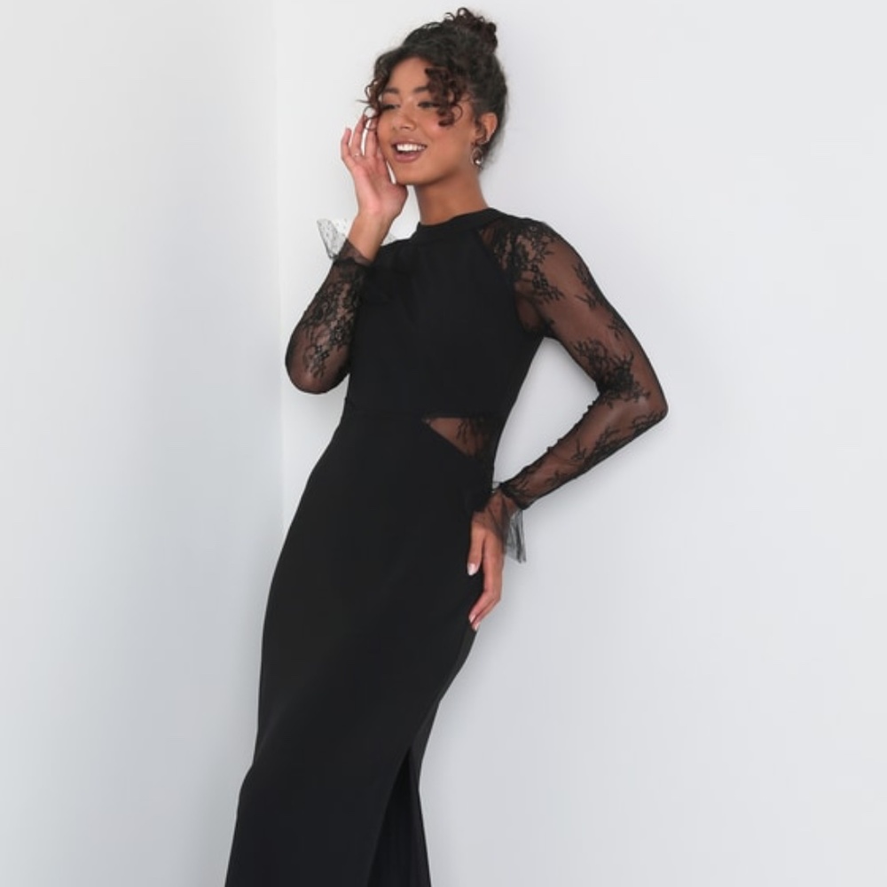Lulus Bragging Rights Black Lace Long Sleeve Column Maxi Dress - Size M